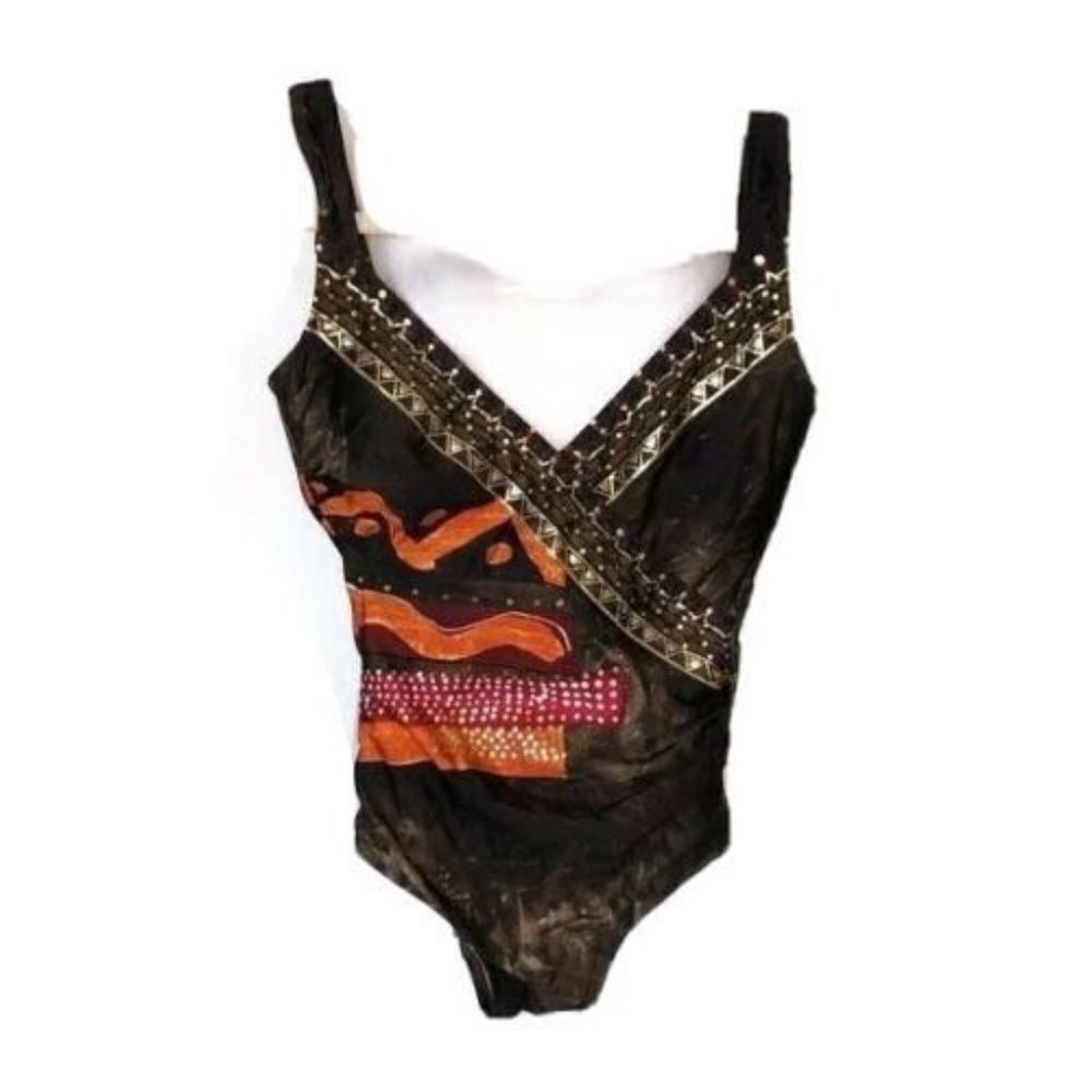Gottex Swimsuit Size 8 Womens Vintage 90s Brown Orange One Piece Cross Over